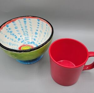 Colorful Lot (2) Ceramic Hand Painted Bowl, Vintage Red Gibson Melemine Mug